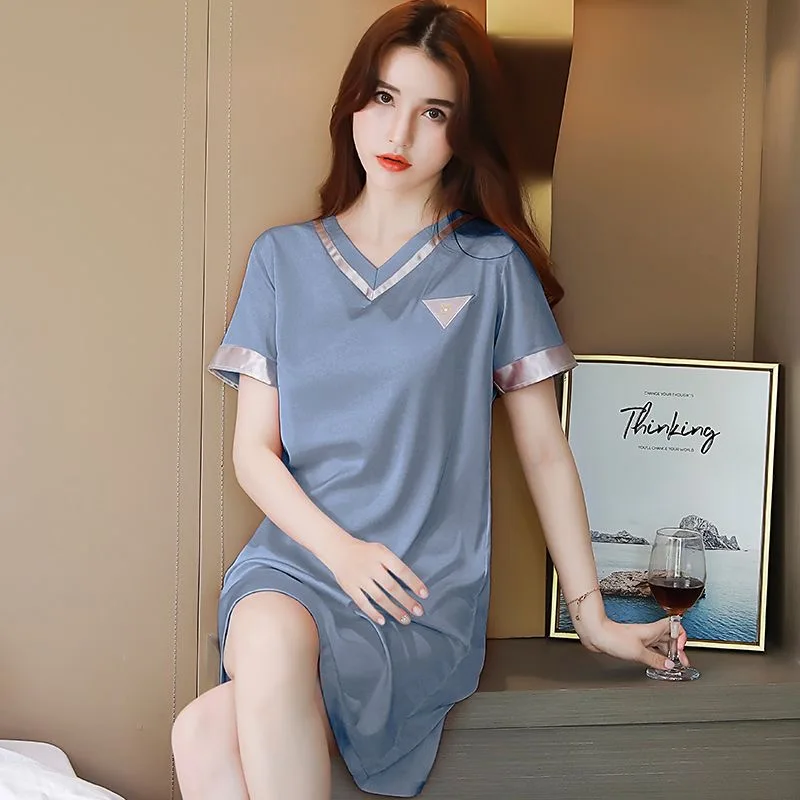 2024 Summer Short Sleeve Sexy V-neck Silk Satin Nightgowns for Women Korean Cute Sleepwear Nightdress Night Dress Home Nighty