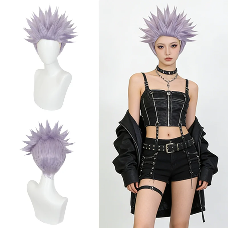 Universal Anime Cosplay Wig Purple/White Spiky Short Heat Resistant Synthetic Hair for Unisex Comic Con Halloween Daily Party