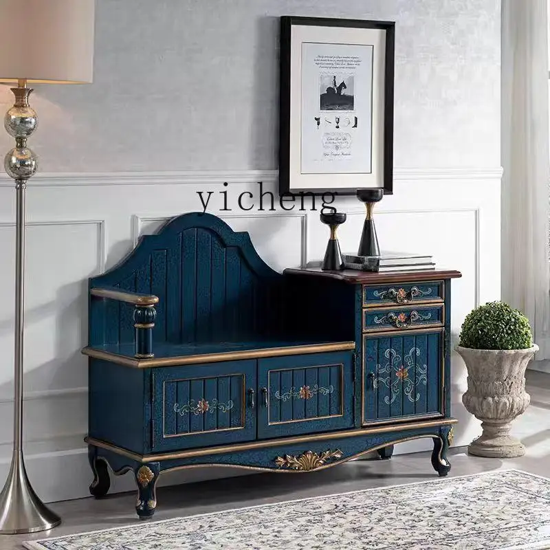 

TQH change storage shoe stool, new Chinese retro painted shoe cabinet multi-functional casual creative shoe stool