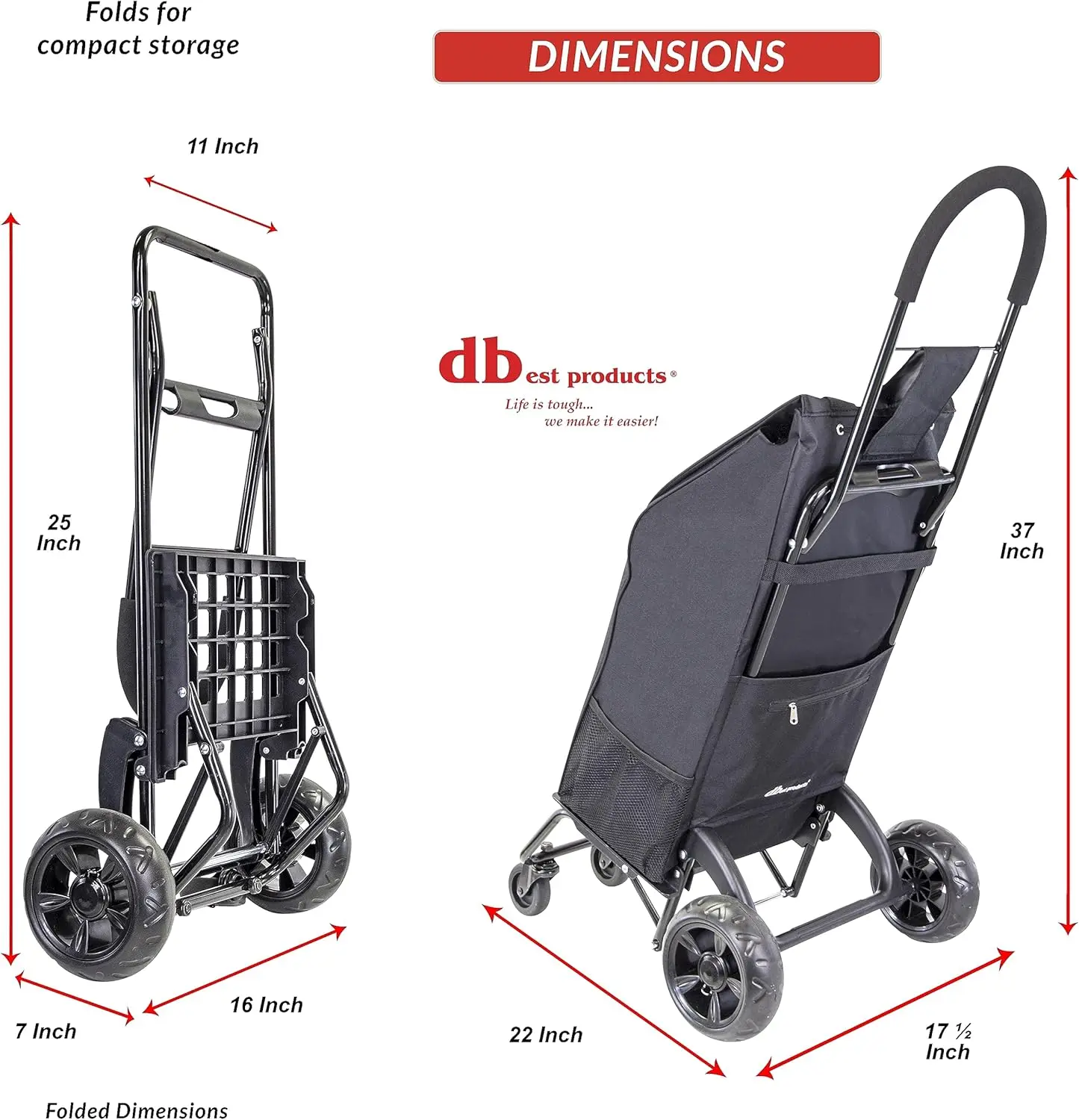 Carrinho dolly rover com bolsa, carrinho de compras de 4 rodas, empurrar dobrável, caminhão de mão, rodas giratórias, jardim, leve l