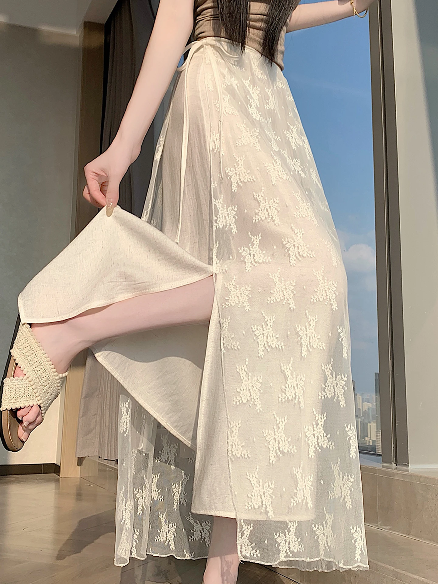 

Summer 2026 Lace Panelled Belted Half Skirt Women's High Waist Drapey Slimming Long Skirt Side Split Commute Korean Style