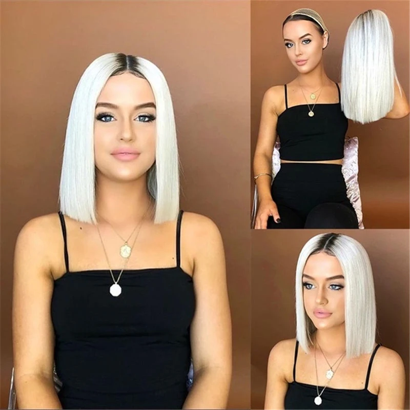 

Halloween , black to white gradient bob short straight hair, European and American style, new dyed wig for women