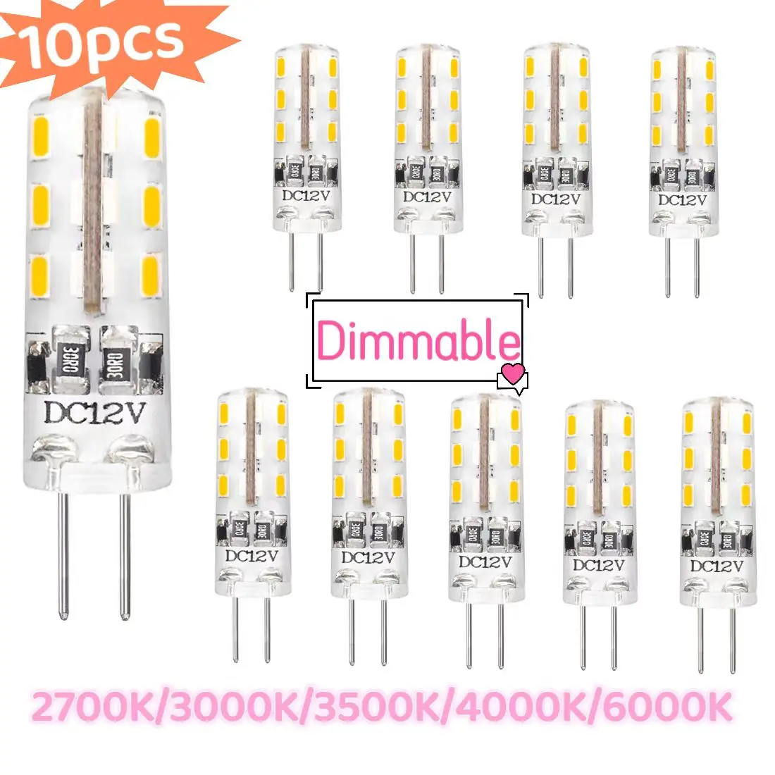 

10PC 12V 2W G4 LED Bulb Dimmable 2700K 3500K 4000K 20W Halogen Replacement Bulb G4 Bi-pin BaseLED Light for Chandelier Lighting