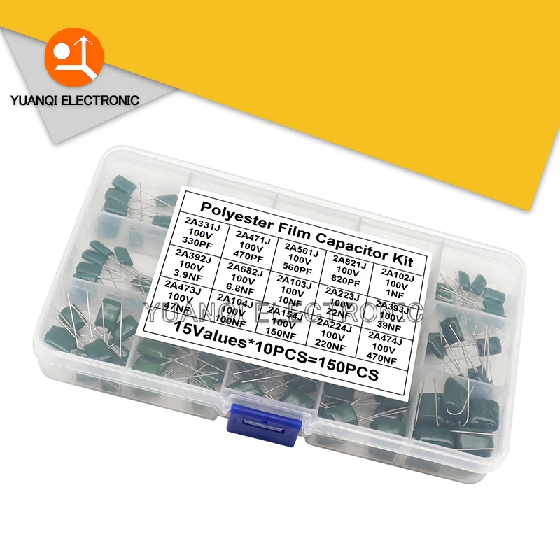 

150pcs 15Values Polyester Film Capacitor Assortment Kit with Box 2A331J 2A471J 2A102J 2A103J 2A223J 2A104J 2A224J 2A474J 2A154J