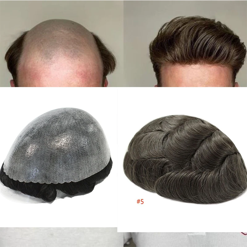 30MM Wave Brown Machine Injected Men's Wig Skin Base Full PU Human Hair Toupee Replacement Systems Indian Remy Hair