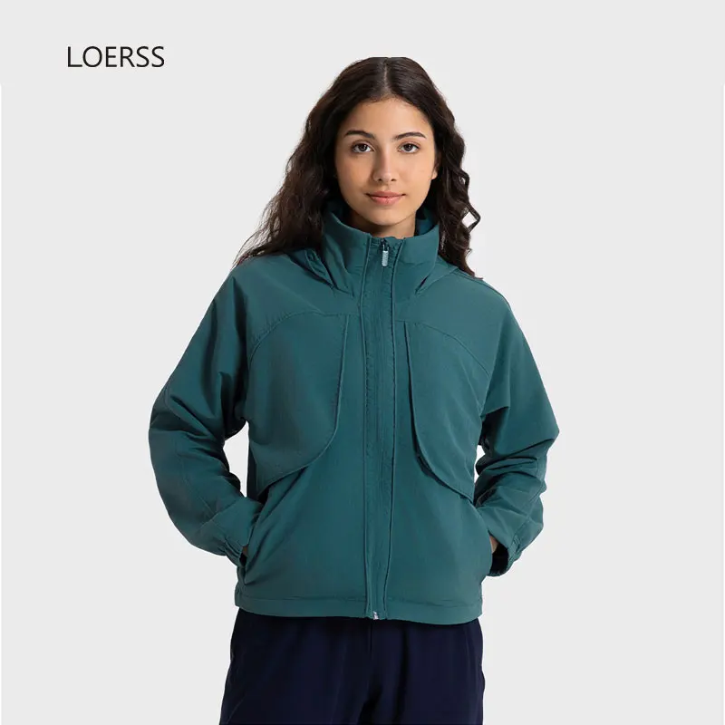 LOERSS-Jaqueta esportiva feminina com capuz, colarinho em pé, capuz impermeável, casaco para corrida, ioga, ao ar livre, casual, outono, inverno