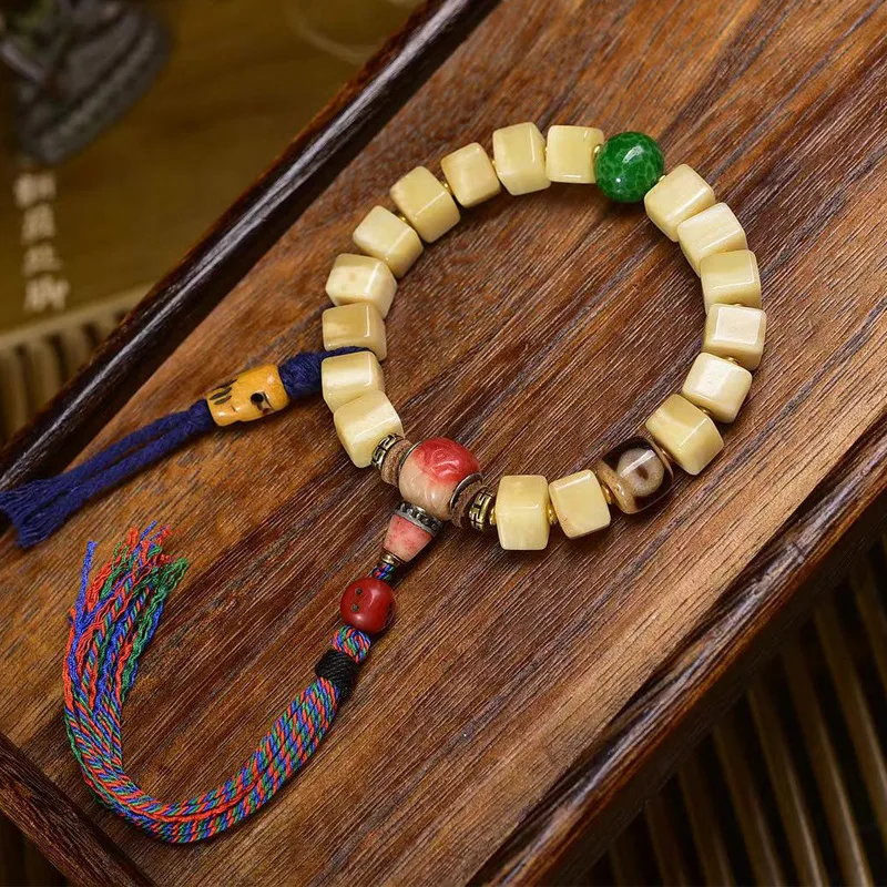 

Natural Bone Square -Flower Single-Wrap Bracelet Back Tibetan Style Prayer Beads Half Blood Three-Way Feeder Accessor