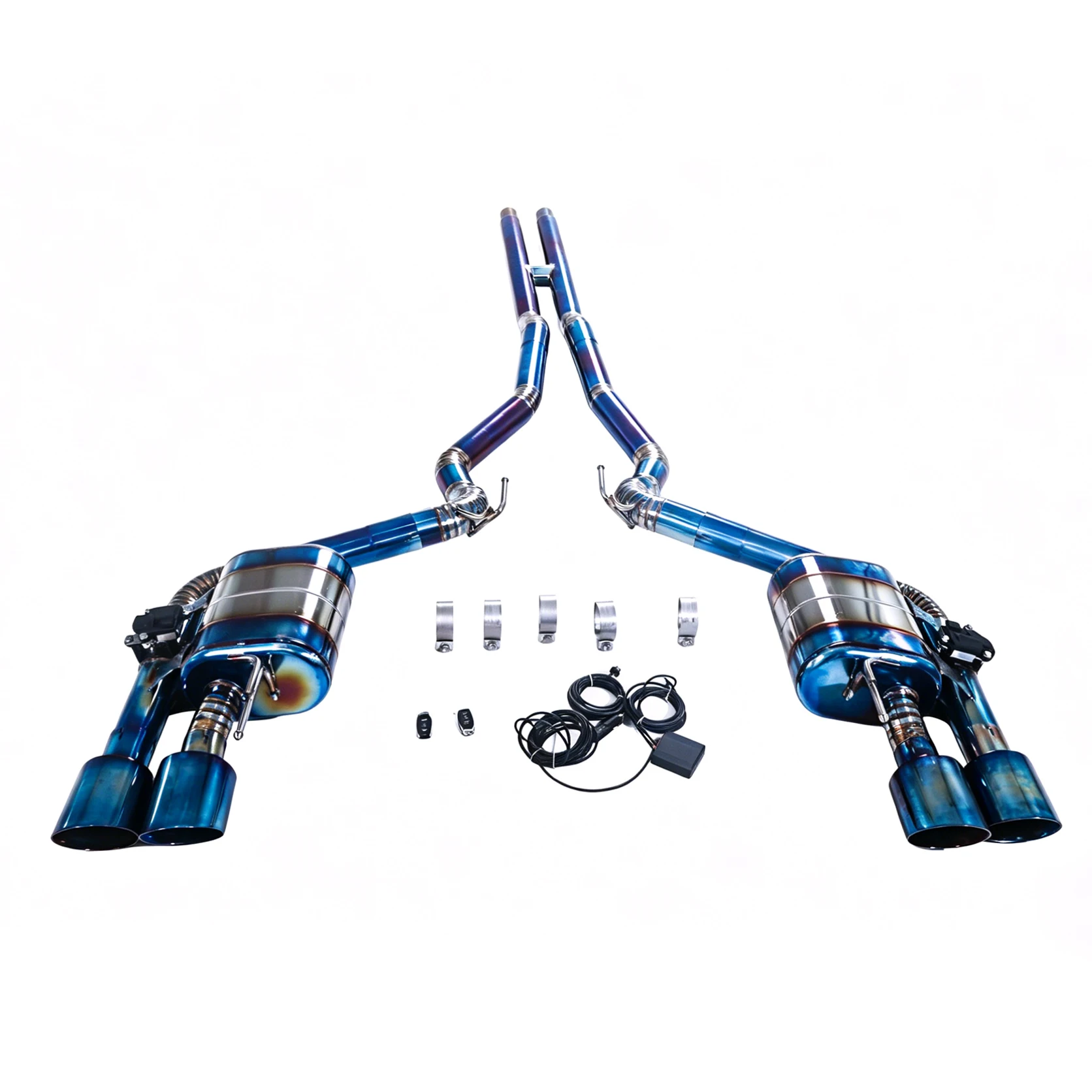 

For the 2023 Ford Mustang GT (S650) 5.0T V8 titanium performance cat-back exhaust system, with dual-valve muffler, 4 tips.