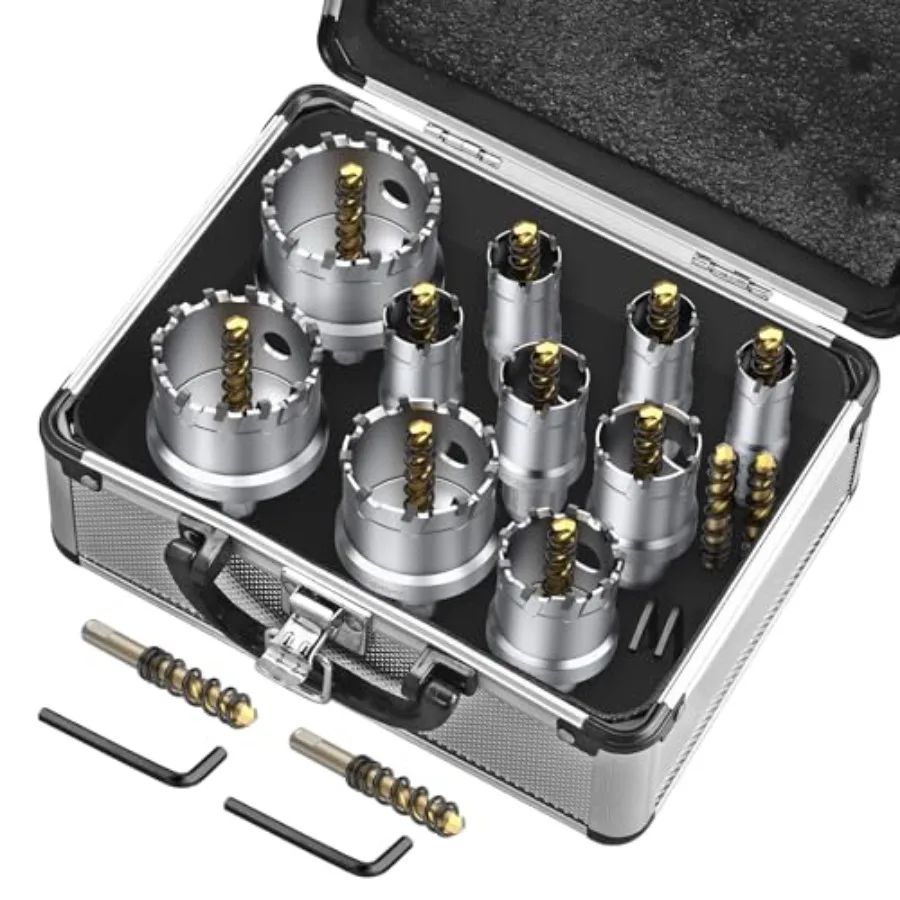 

TCT Hole Saw Drill Bit Set 10 PCS Tungsten Carbide Hole Saw Kit 16-53mm with Center Drill and L-Wrench for Steel Hard Metal Iro
