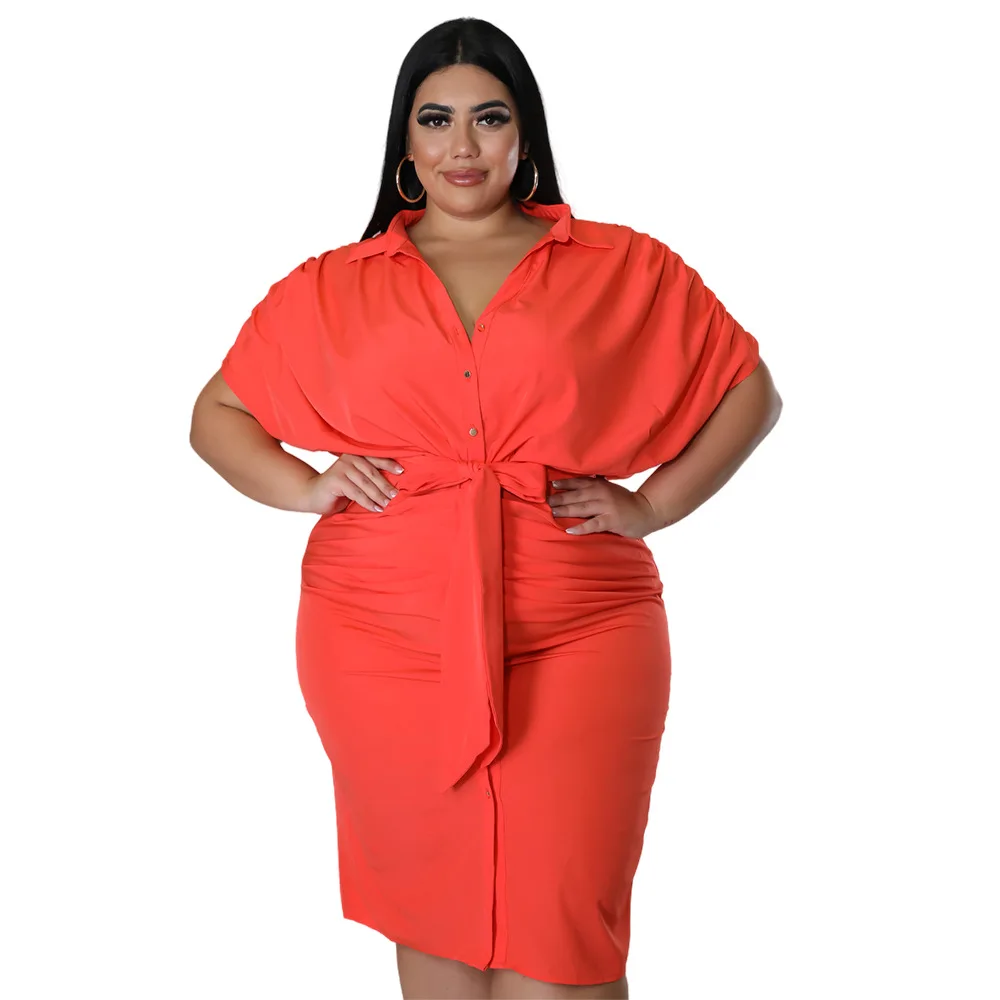 Wsfec XL-5XL Plus Size Vrouwen Kleding Zomer 2023 Nieuwe Stijl Korte Mouwen Bandage Casual Bodycon Elegante Overhemd Midi Jurk Outfits