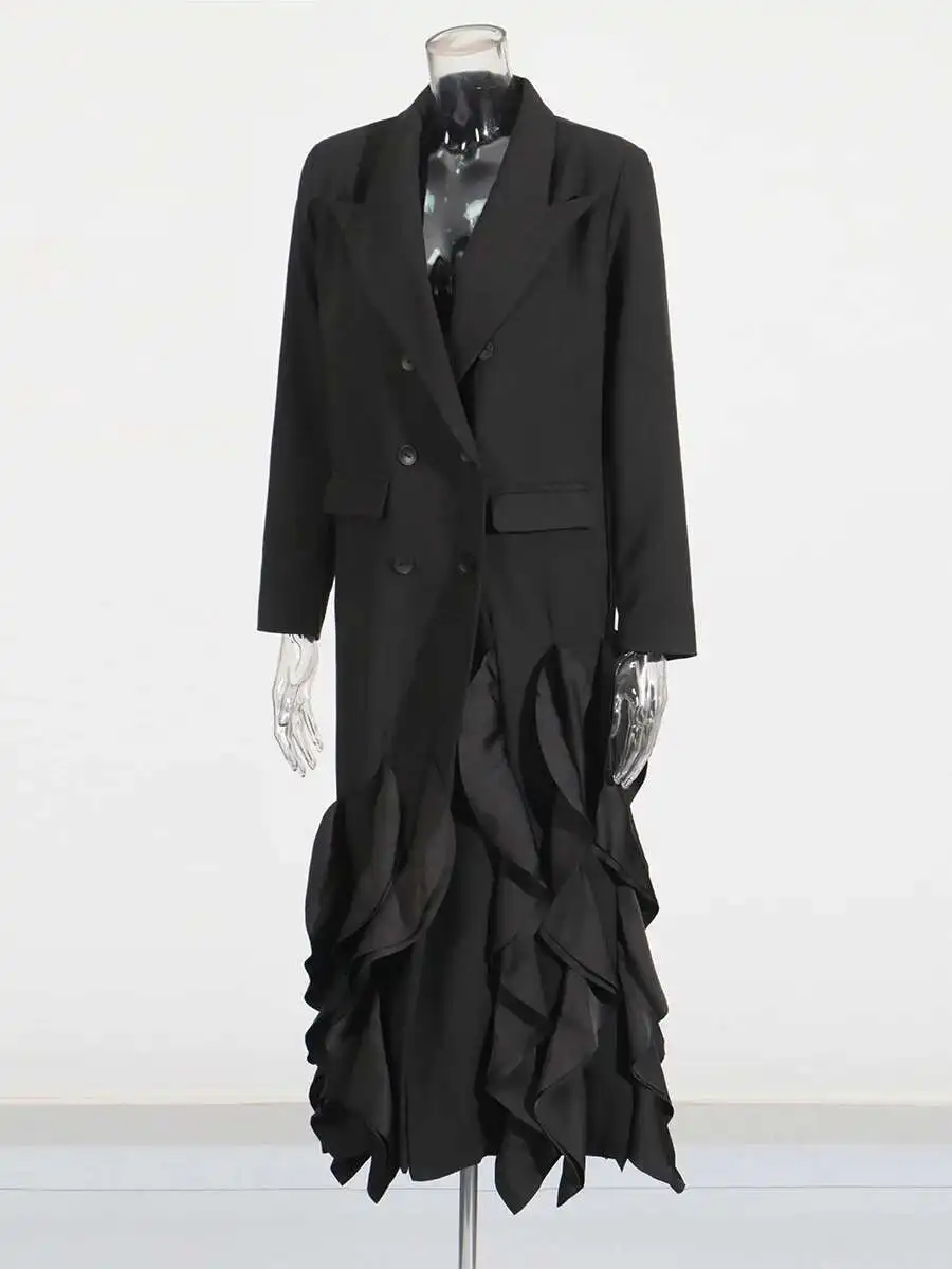 Fanan moda babados design trench para mulheres duplo breasted manga longa blusão casacos femininos temperamento 2025 outono novo