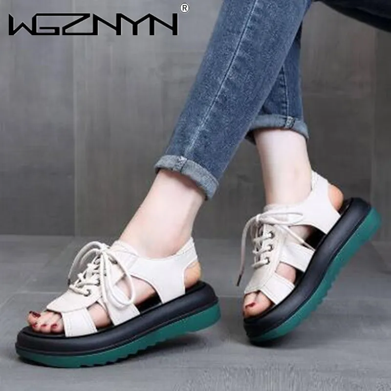 2023 Summer New Women\'s Sandals Vintage Lace Up Open Toe Non-slip Platform Shoes Comfortable Hollow Roman Sandal Zapatilla Mujer