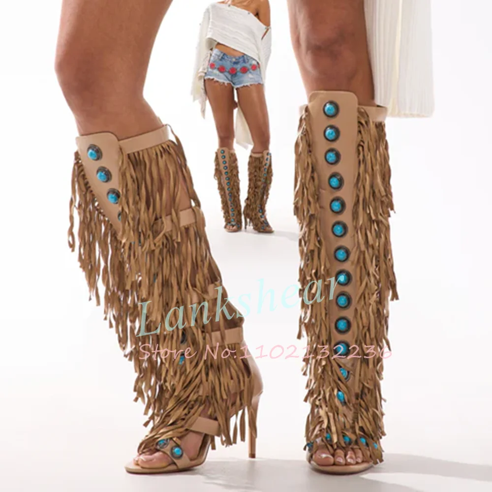 Nude Suede Fringe Knee High Gladiator Sandals Boots Open Toe Stiletto Turquoise Stud Cowgirl Festival Designer Footwear Summer