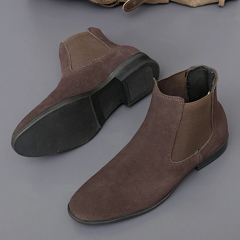 Botas Chelsea de cuero informales de alta calidad para hombre de marca italiana, zapatos de trabajo formales de diseñador planos hechos a mano de gamuza de cuero genuino para fiesta