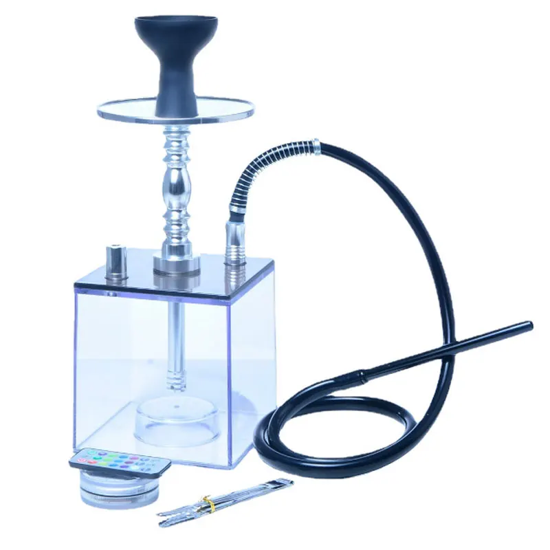 Acrylic Cube Hookah Kit with LED Light, Transparent Shisha Box Set, 2 Hose, BowlHookahs, Chicha Nargile