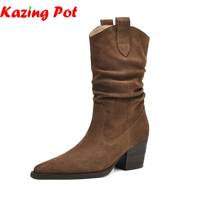 

Krazing Pot Cow Suede Nubuck Thick High Heels Modern Western Boots Winter Autumn Vintage Women Pleated Decoration Ankle Boots