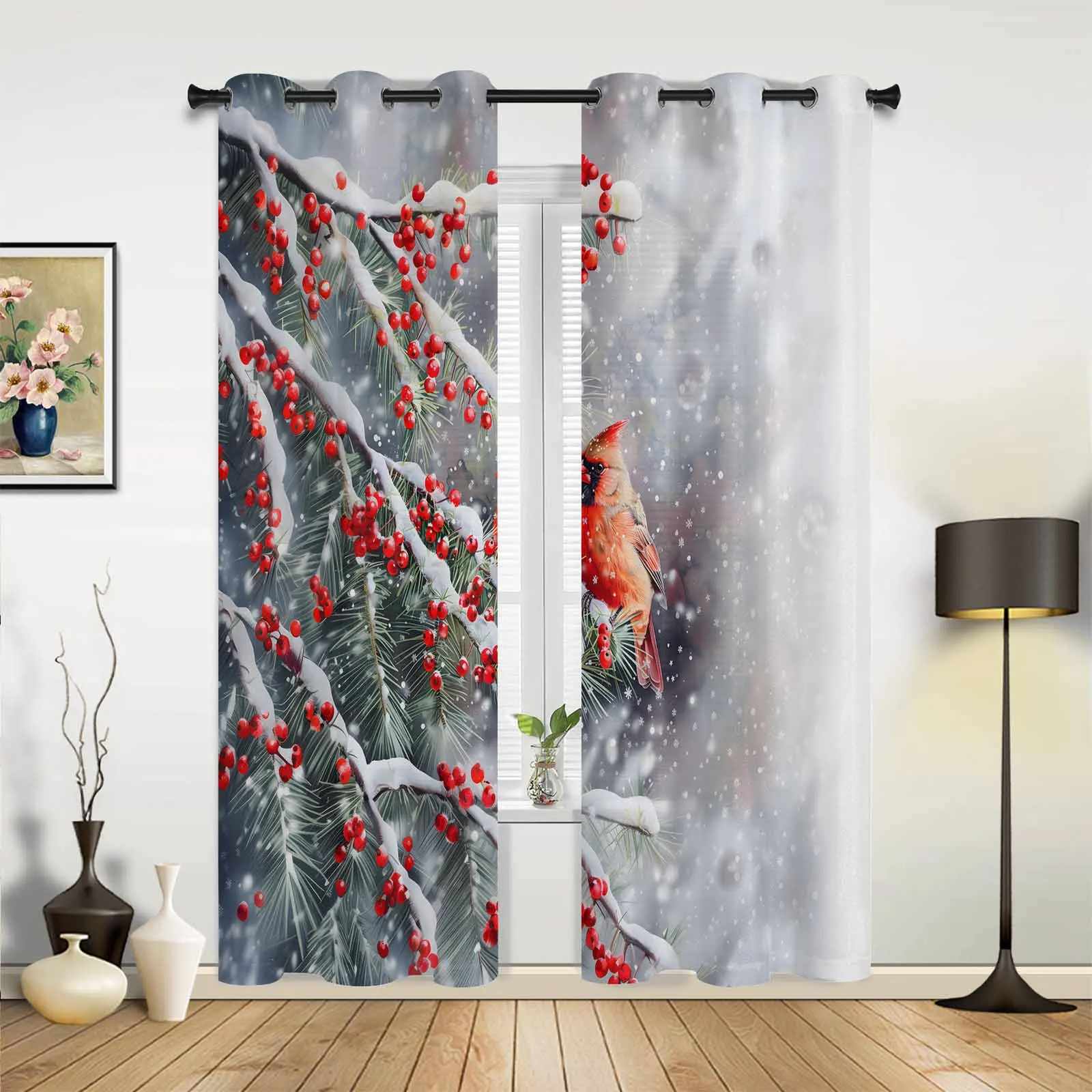 Red Sparrow Berries In Winter Snow Windows Curtains Living Room Luxury Decor Christmas Curtains Bedroom Kitchen Window Drapes