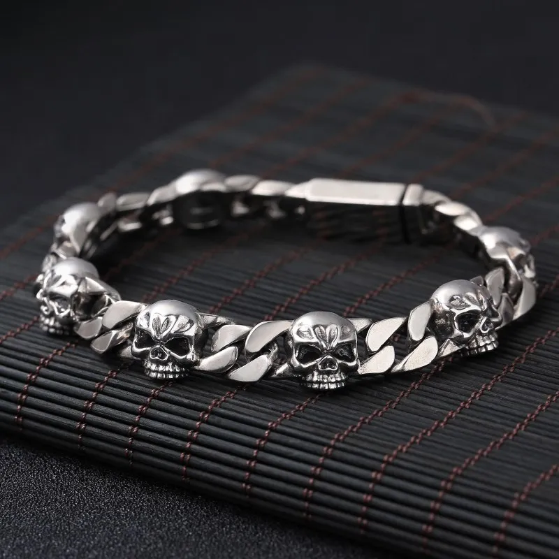 S925 Sterling Silver Unisex Skull Punk Tank Bracelet Thai Silver Retro Trendy Smooth Faced Buckle Silver Chain