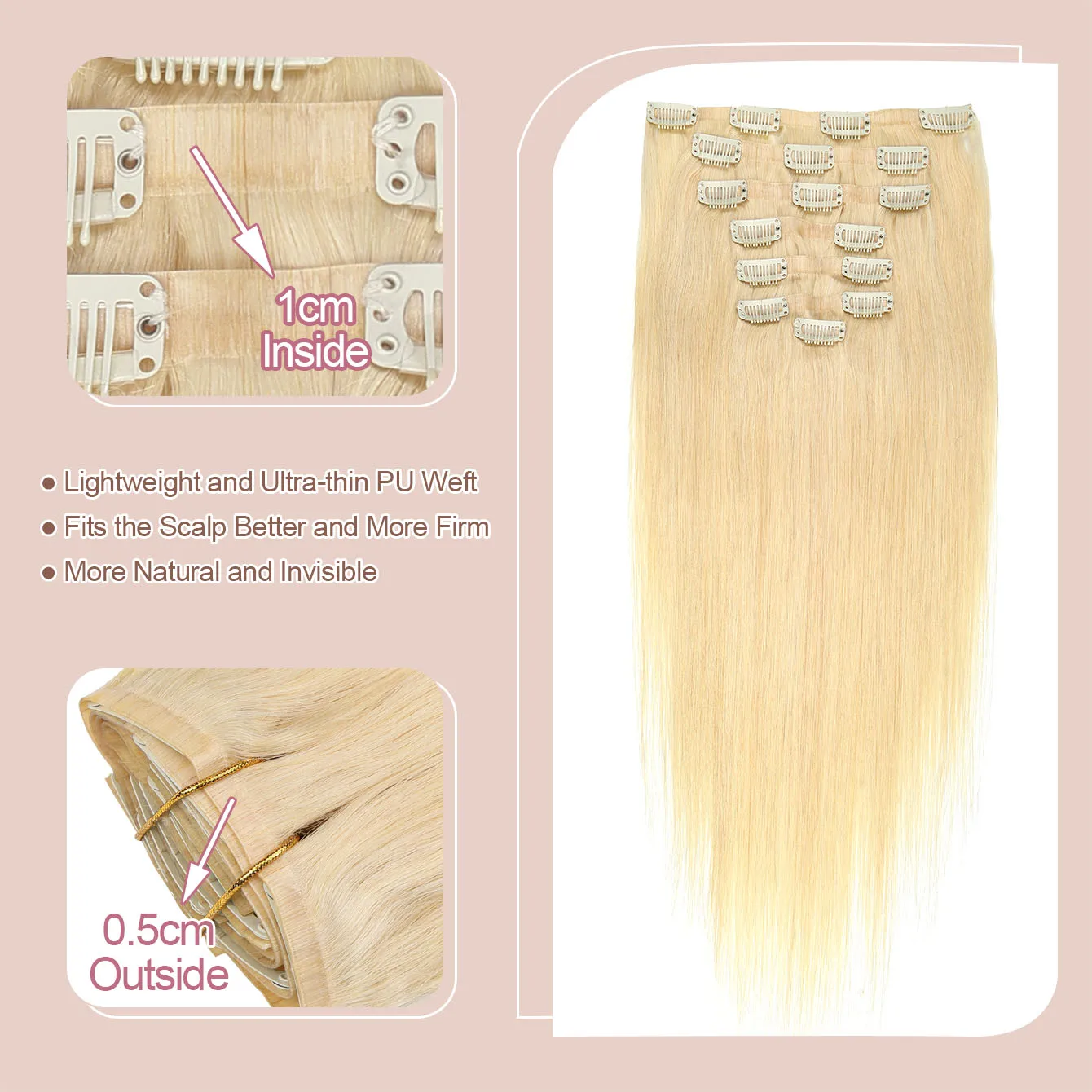 وصلات شعر بمشبك PU بدون خياطة، شعر بشري # 60 مشبك شعر بشري مفرود أشقر بلاتيني في وصلات الشعر للنساء 7 قطع #3