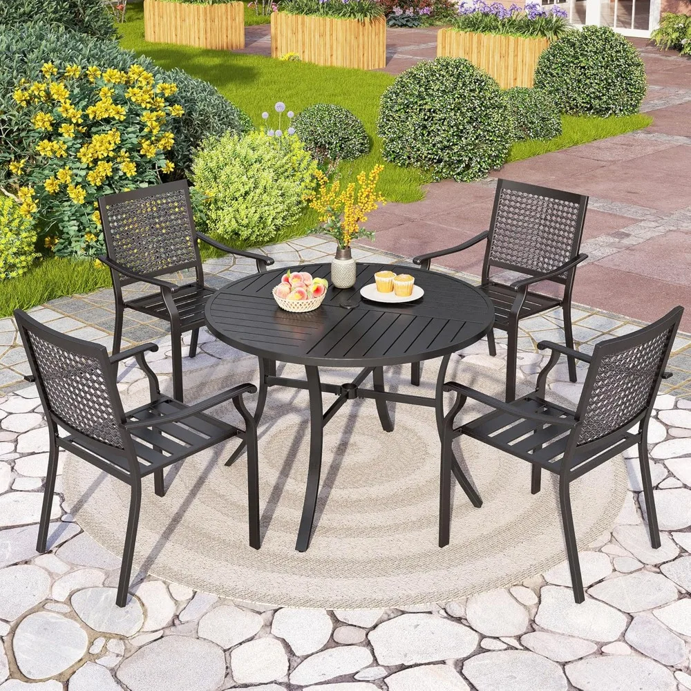 

5 Pieces Outdoor Round Dining Set for 4, Steel Circle Table with Umbrella Hole & Chairs, Dining Furniture Set