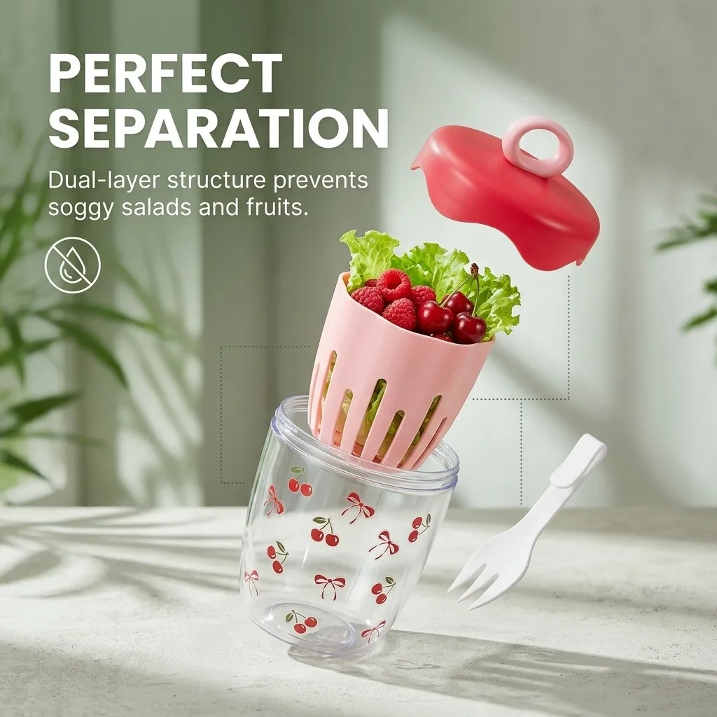 WORTHBUY Doppelwandiger Salatbecher, tragbarer, auslaufsicherer Haferbehälter mit Gabel und Griff, Abfluss-Obstbecher, niedlicher Frühstücksbecher für Studenten – Detail 15