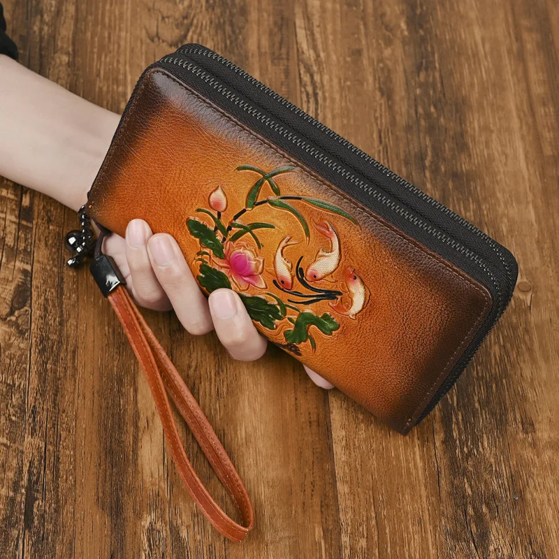 Vegetable-tanned genuine leather long wallet for women, double zipper embossed zipper, hand-painted high-end wallet