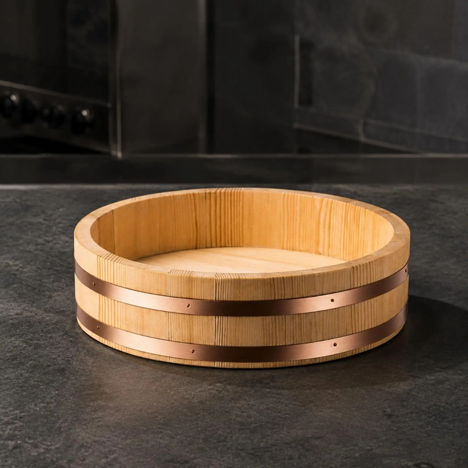 Round Wooden Rice Bowl Japanese Wooden Rice Bowl with Horizontal Bands Versatile Sushi Rice Mixing Bowl for Meal Cooking,