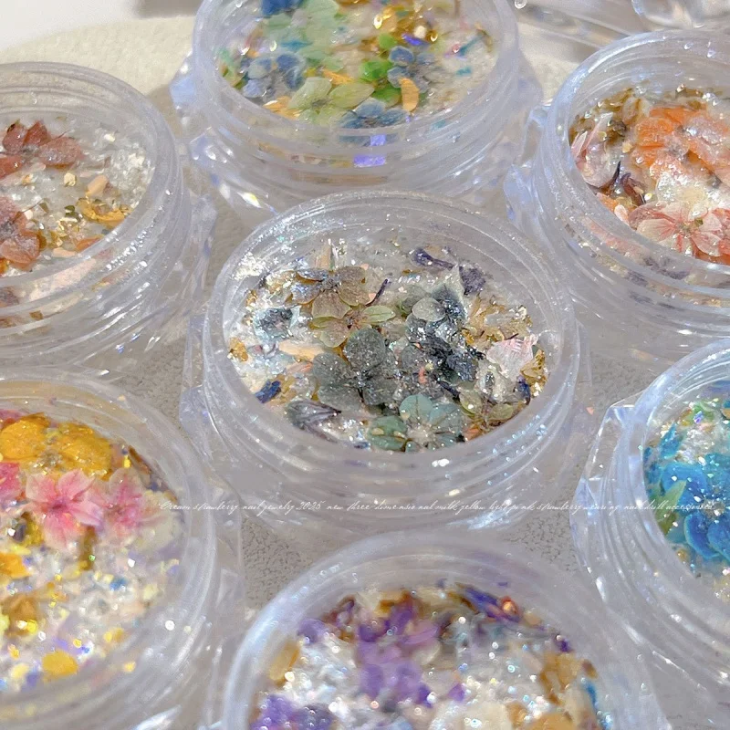 1 상자 네일 아트 말린 꽃 장식 여러 가지 빛깔의 손톱 반짝이 가루 울트라 얇은 무지개 빛나는 브로케이드 파우더 매니큐어 액세서리