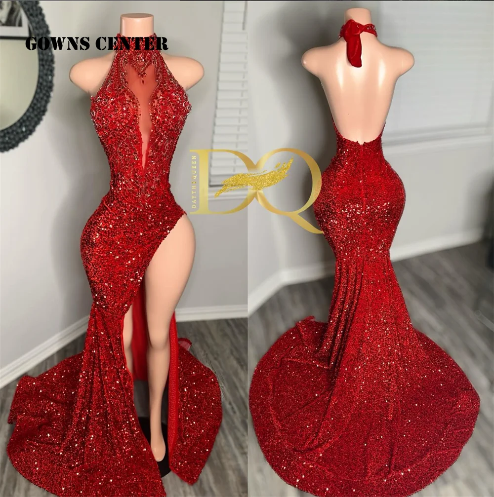 

Backless Halter Red Velvet Sequin Prom Dress Black Girls Mermaid Evening Gowns African Birthday Formal Party Dresses Customized