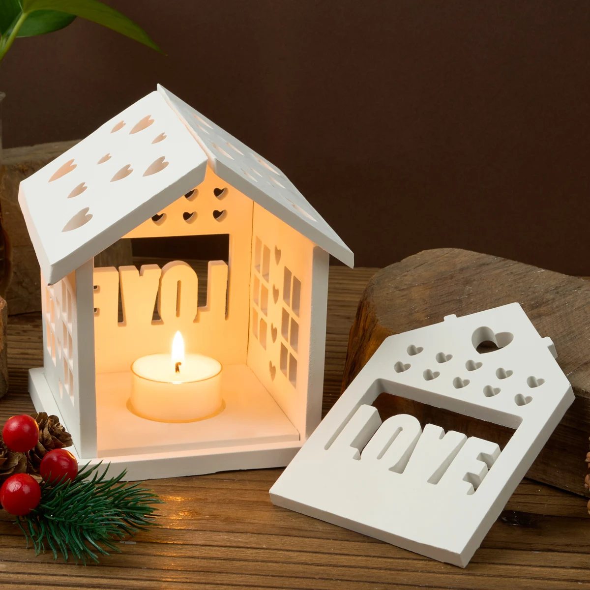 3D House Candlestick Silicone Mold DIY Christmas Tree Ornament Houses Tealight Candle Holder Molds Plaster Resin Craft Making