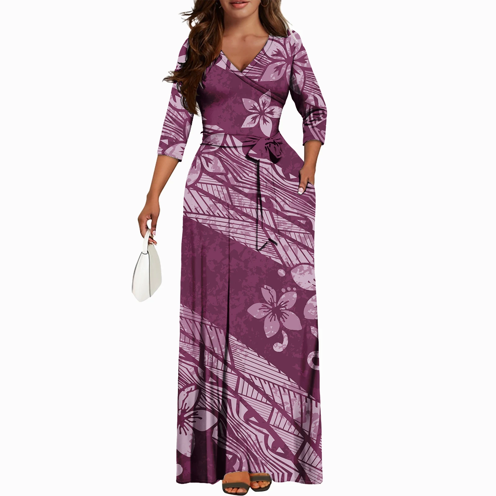 Fall Island Style Slim Dress With Pockets Plus Size Formal Luxury Design Polynesian Hawaiian Elegant Women\'s Dresses
