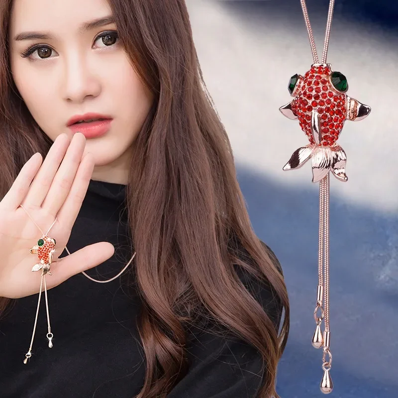 Благоприятная цепочка для свитера с золотой рыбкой, длинное и универсальное ожерелье с подвеской в этническом стиле.