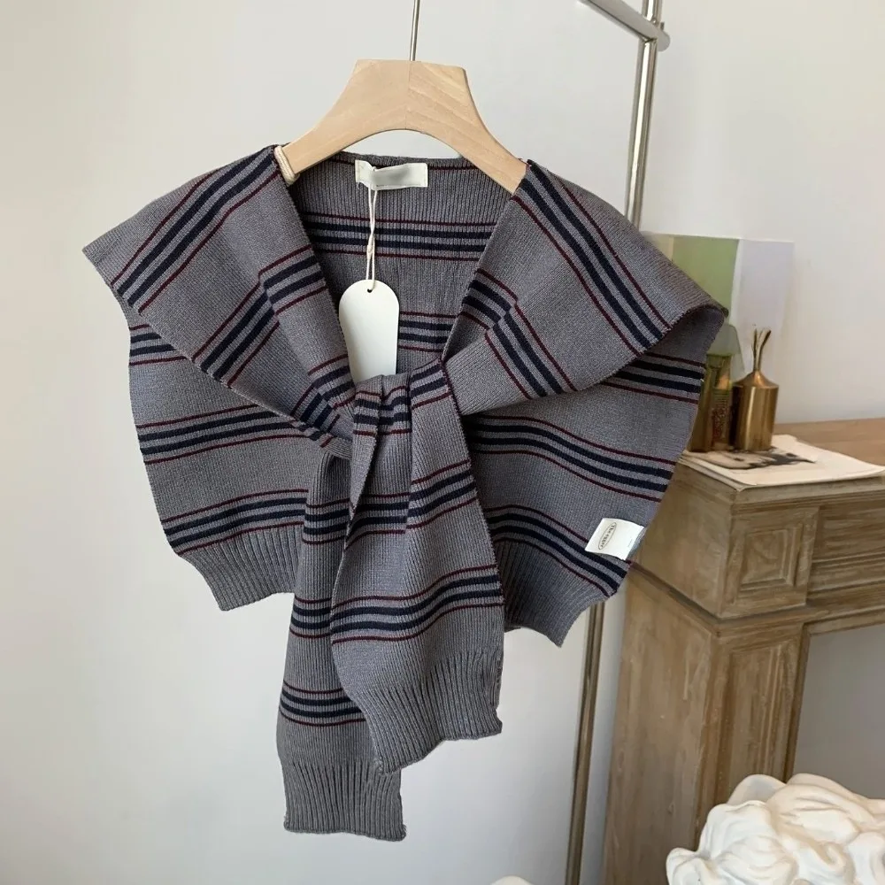 

Simple Classic Men Knitted Shawl Cloak Wraps Stripe Scarf Korean Style Knotted Fake Collar Wraps Blouse