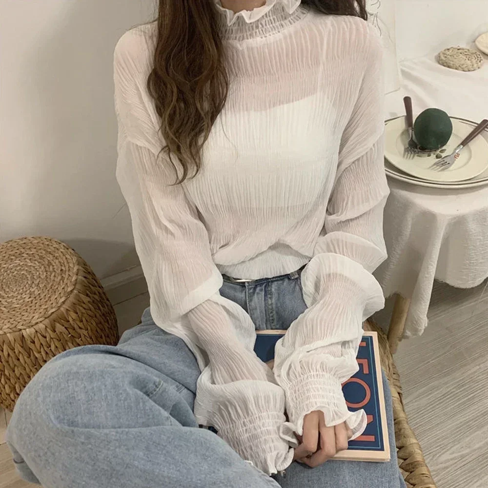 

Women Petal Collar Flare Sleeve Pleated T Shirt M-XXL Black White Apricot Color Girls Lovely Turtleneck Female Tops Clothes