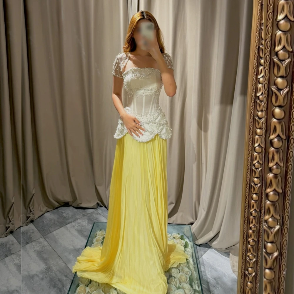 

Customized Formal Evening Beading Pleat Chic Square Neck A-line Long Dresses Bespoke Occasion Elegant Party High Quality