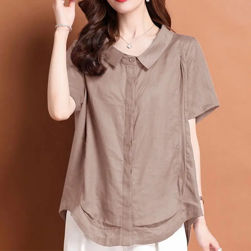 Fashion Lapel Solid Color Folds Blouse Women\'s Clothing 2023 Summer New Oversized Casual Tops Loose Korean Shirt