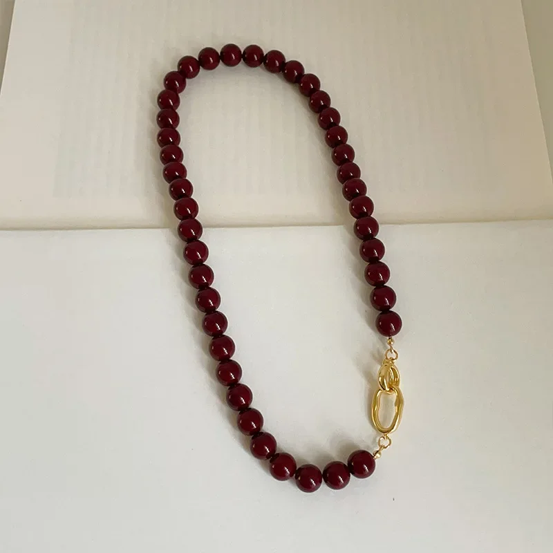 Minar French Dark Red Agate Natural Stone Strand Beaded Necklace for Women Gold Plated Chain Double Toggle Clasp Circle Chokers