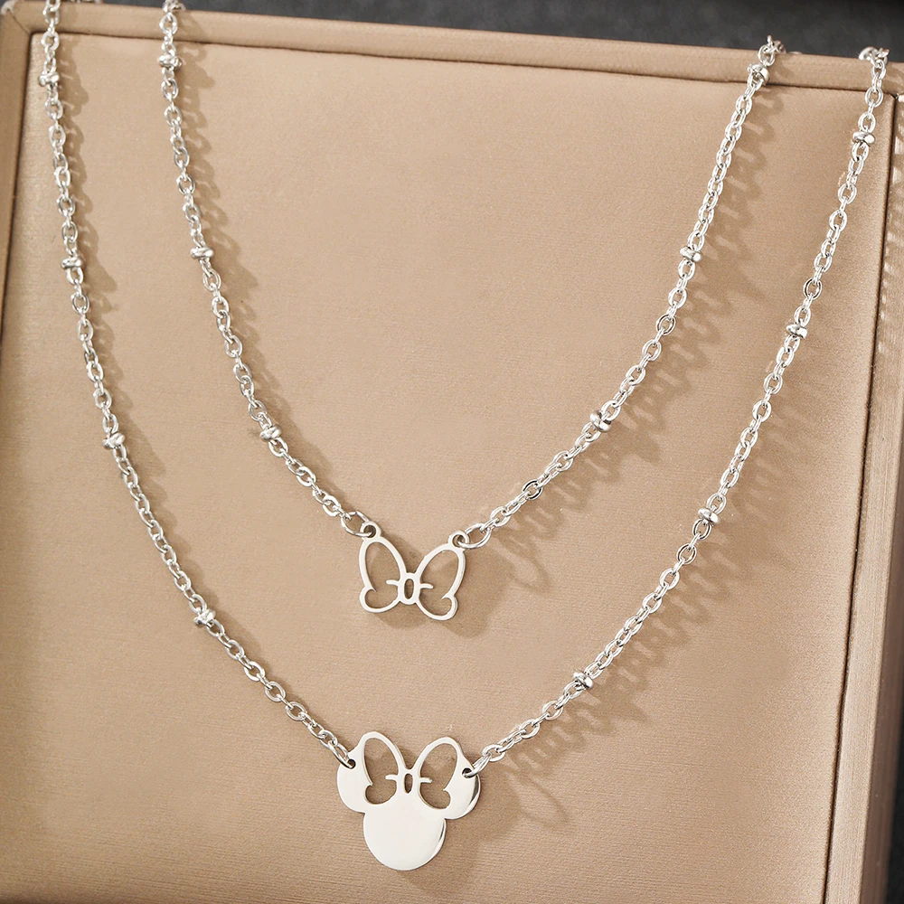 Stainless Steel Necklaces New Senior Multilayer Chain Hollow Butterfly Mickey Pendant Chain Necklace For Women Jewelry New Gifts