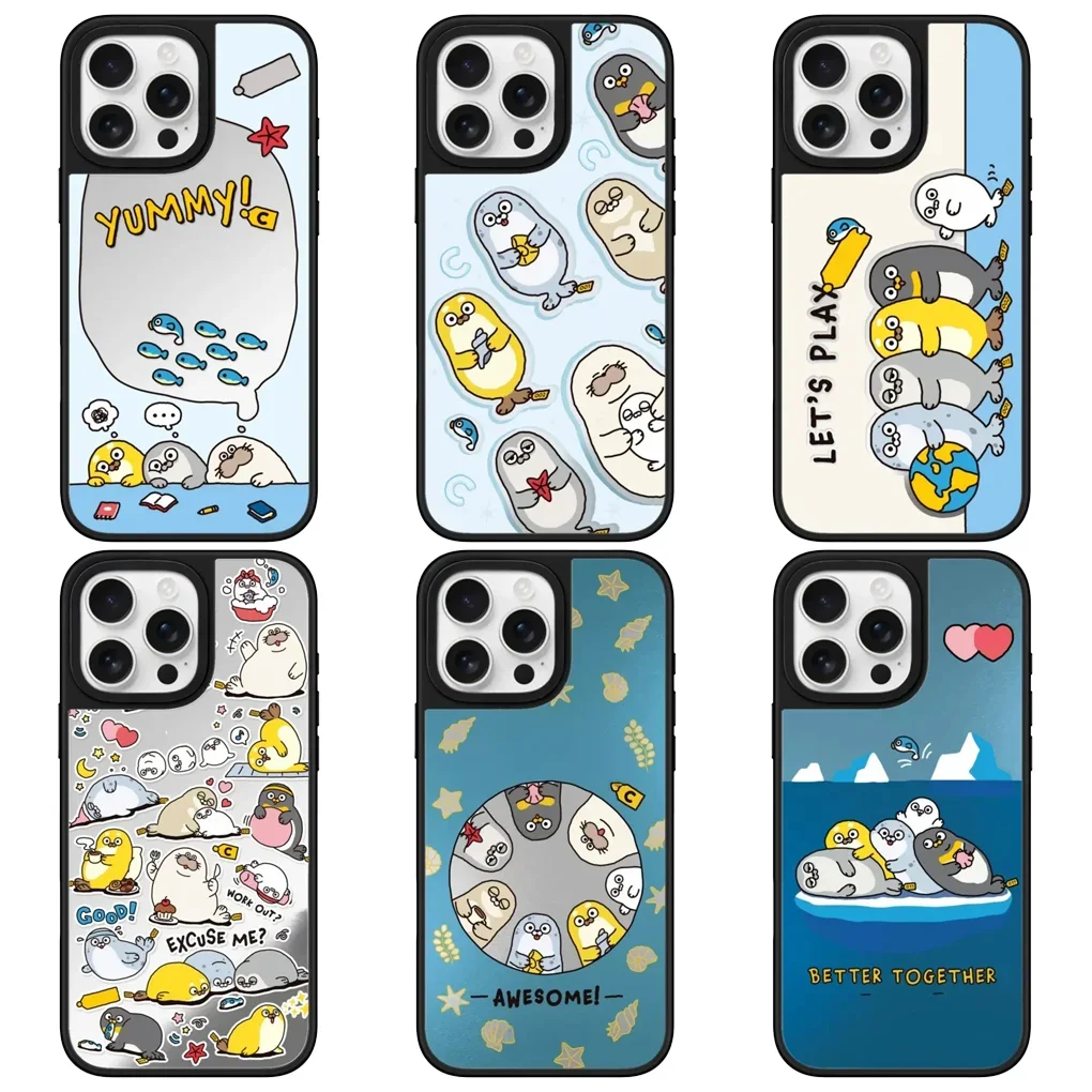 

Cartoon Seal Mirror Magnetic Phone Case Cover for IPhone 16 15 14 13 12 Pro Max Case for IPhone 16 Pro Max