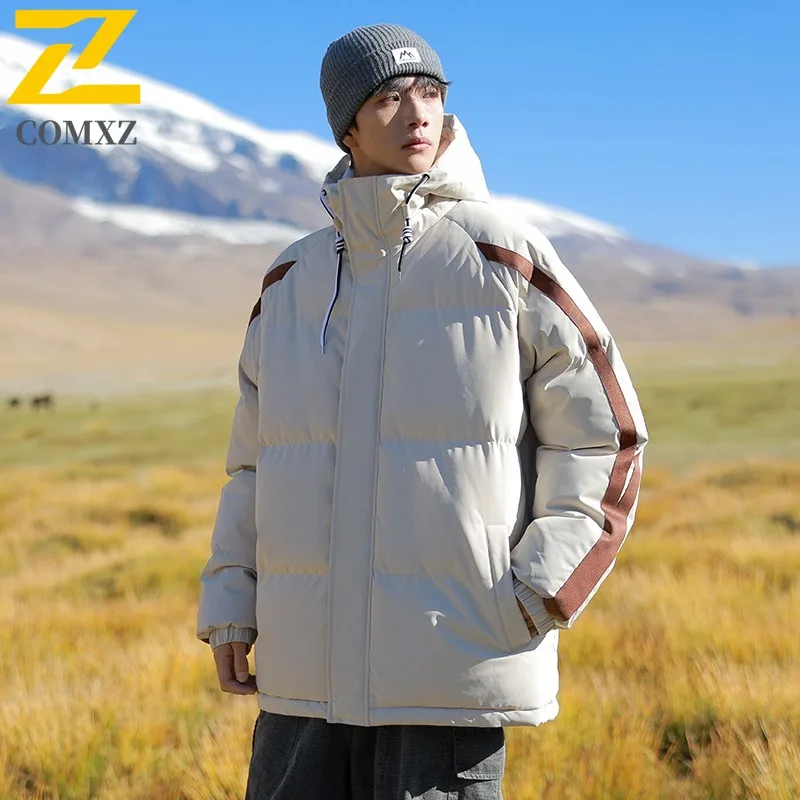 COMXZ 남성 퀼팅 재킷 카고 트렌디 루즈 따뜻한 스트리트 스키 파카 코트 자전거용 방한 고품질 겨울 재킷