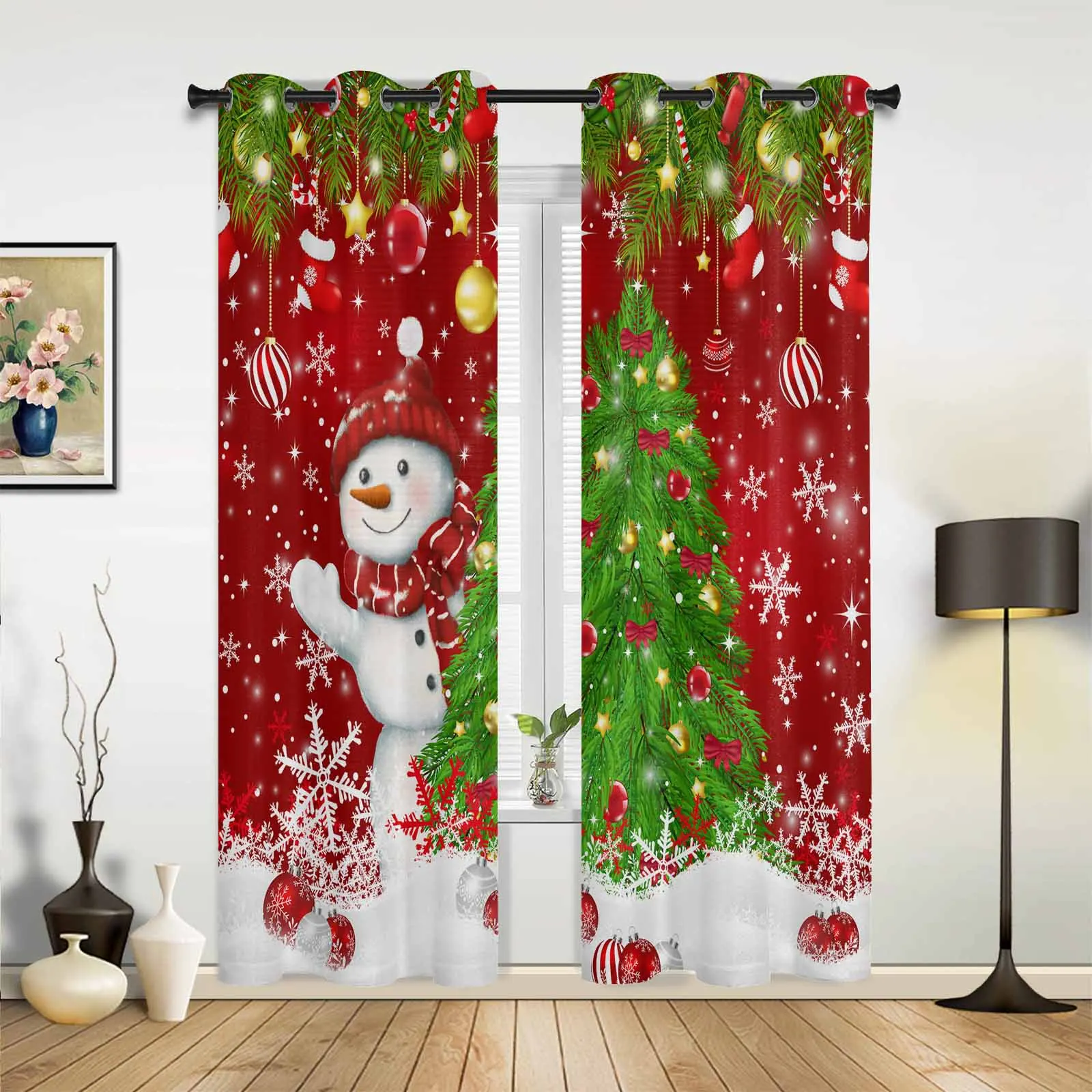 Christmas Snowman Pine Branch Socks Candy Windows Curtains Living Room Luxury Decor Xmas Curtain Bedroom Kitchen Window Drapes