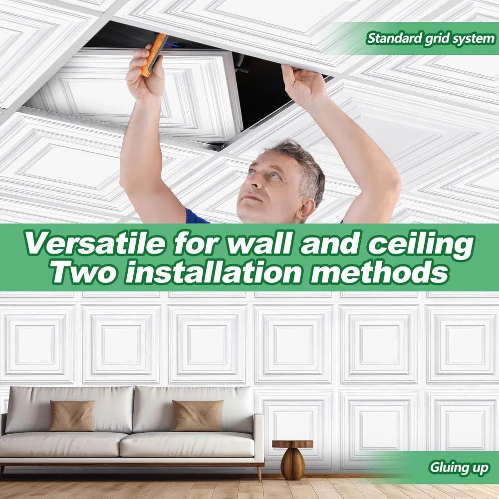 50枚 2 x 2フィート ホワイトPVCプラスチック製ドロップ天井タイル 24 x 24 x 0.8インチ 天井パネル装飾カバー 200平方フィート フィート