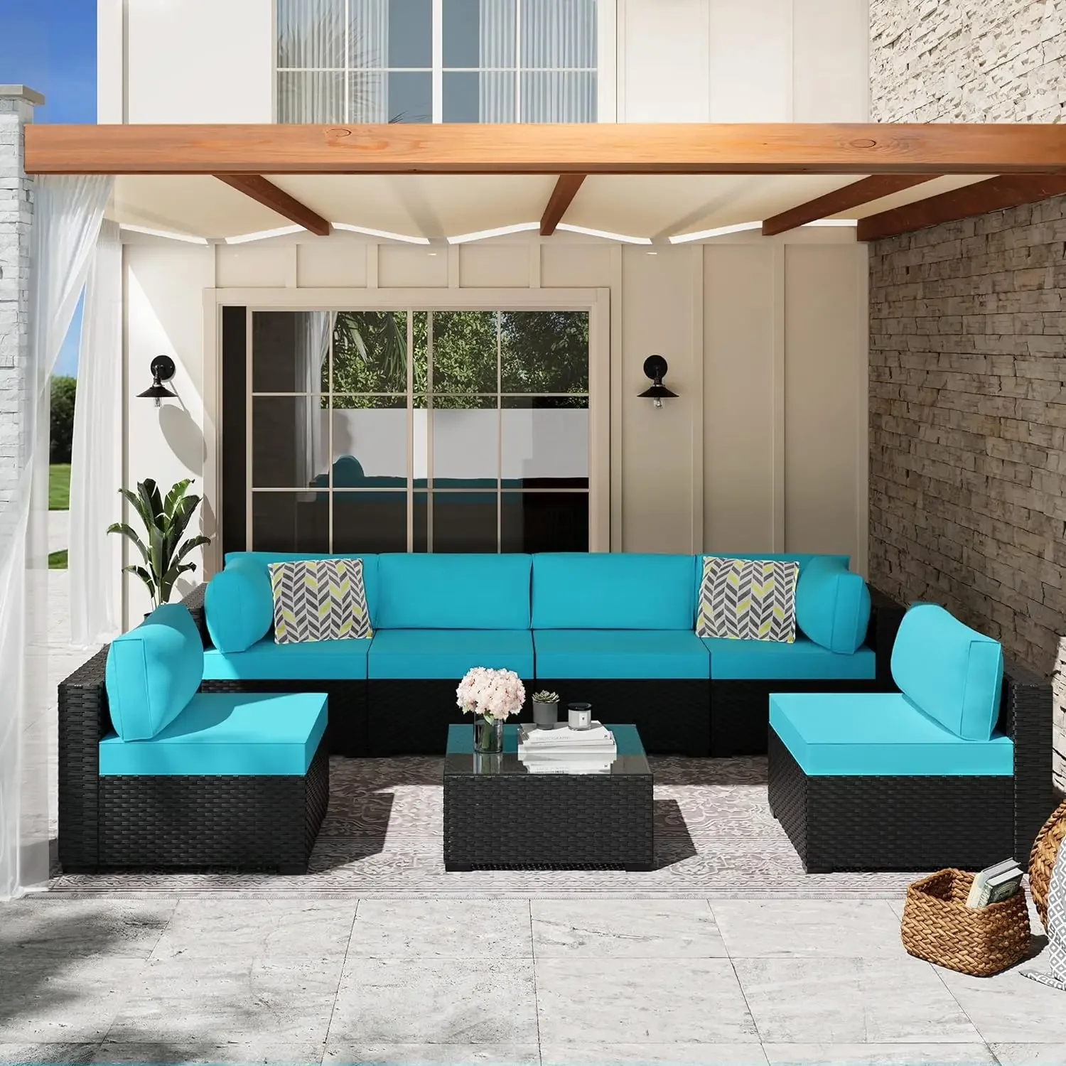 High Back All-Weather Rattan Sofa with Tea Table&Washable Couch Cushions