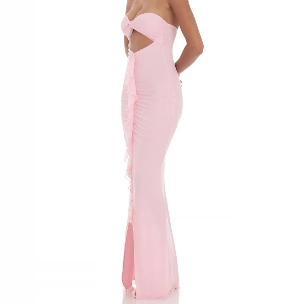 ยุโรปสไตล์อเมริกันผู้หญิงฤดูใบไม้ผลิฤดูร้อนใหม่ Smocked Slit Slim-fit Backless เซ็กซี่ยาวชุดราตรี
