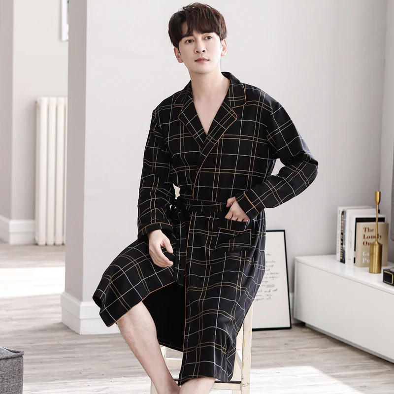 Casual Plaid Men Long Nightgown Kimono Bathrobe Gown Cotton V-neck Intimate Lingerie Long Sleeve Spa Robes Sleepwear For Male