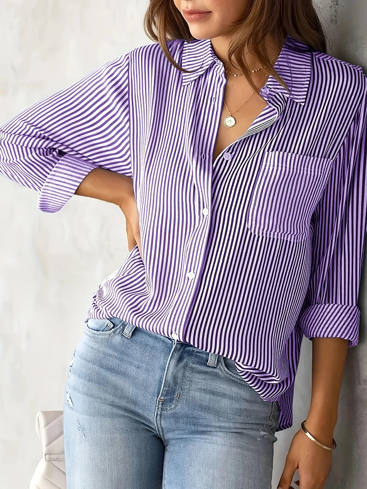 Women Long Sleeve Striped Loose Shirt Office Lady Elegant Turn Down Collar Harajuku Blouse Casual Lapel Tops Female Clothes