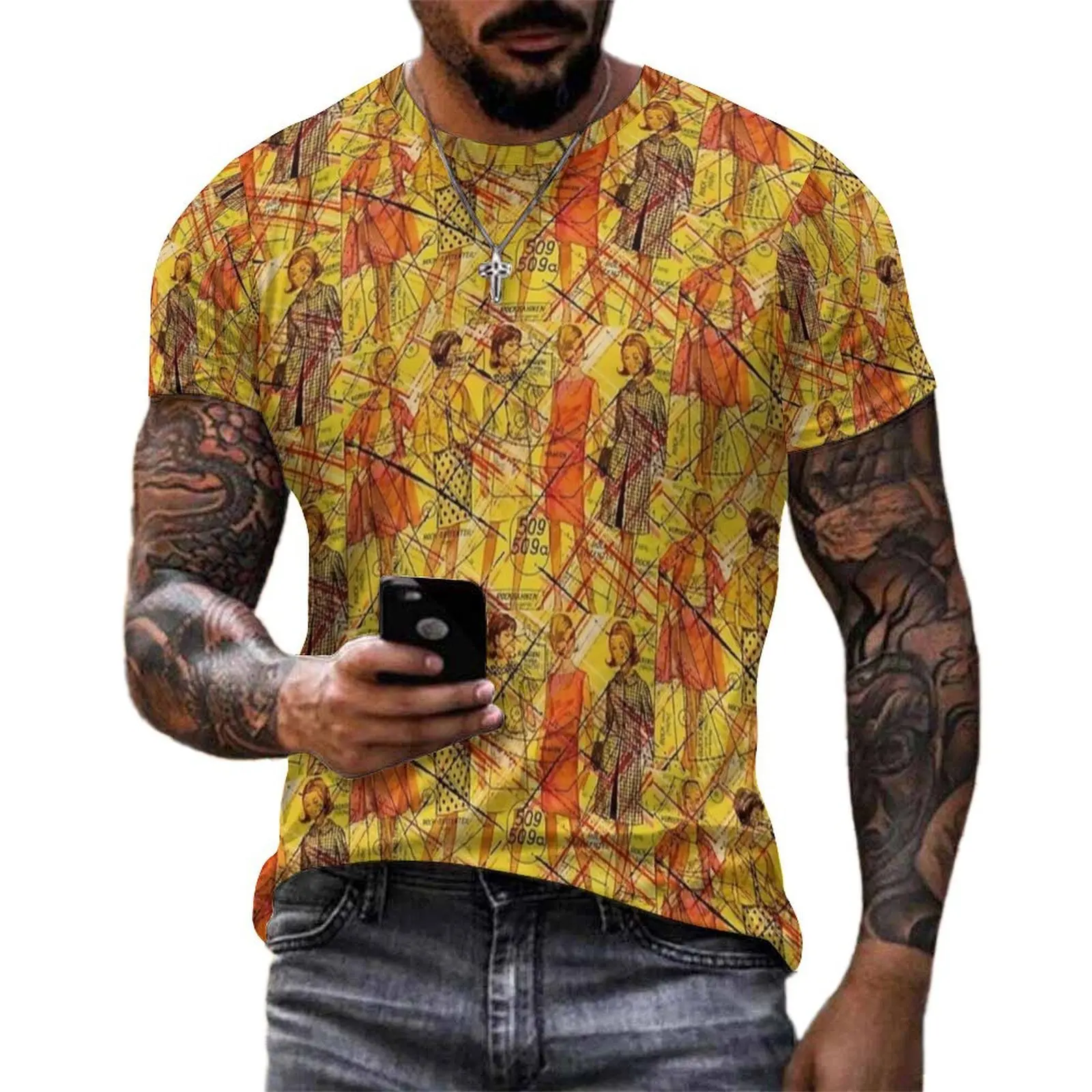 60s Yellow Background Fashion Sketch Print T Shirt Men Retro T Shirts Summer Graphic Tees Short Sleeve Y2K Fun Oversize Clothes