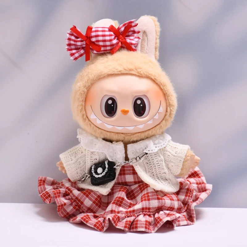 17cm Pendant Labubu Doll Dress Cute Labubu Doll Clothes Red Plaid Skirt Vest Packet Cartoon Doll Black Love Skirt Doll Costume