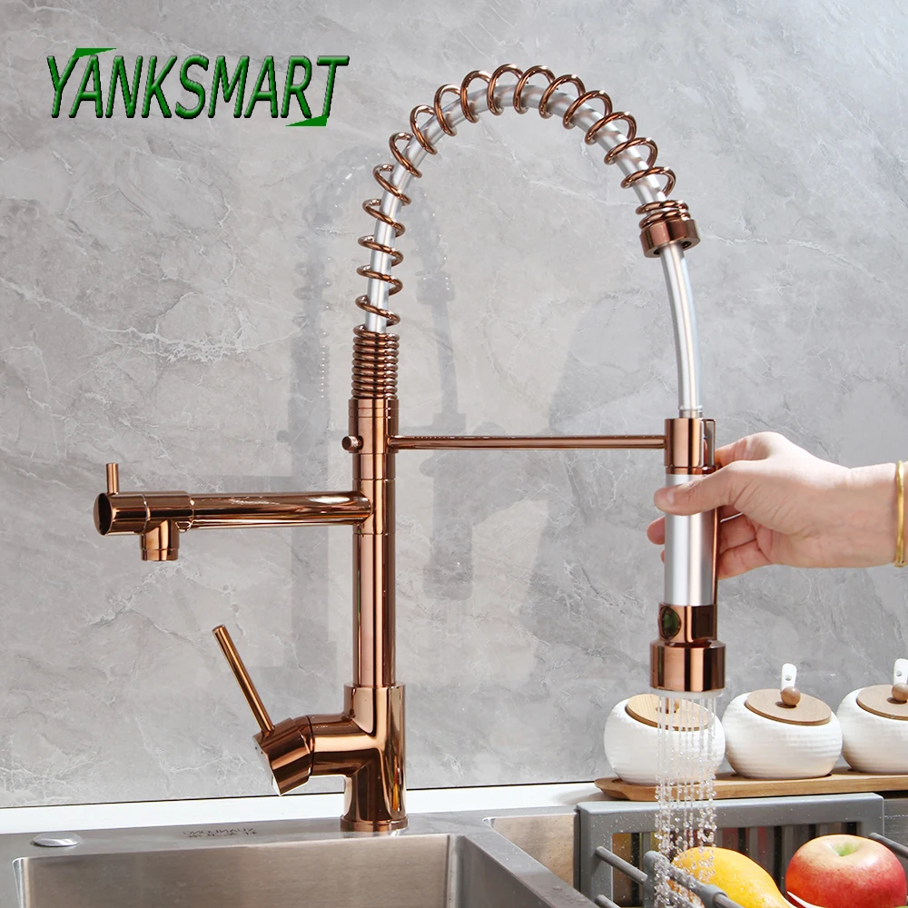 

YANKSMART Luxury Spring Pull Down Kitchen Sink Faucet Hot & Cold Water Crane Tap With Dual Spout Deck Mounted Mixer Taps