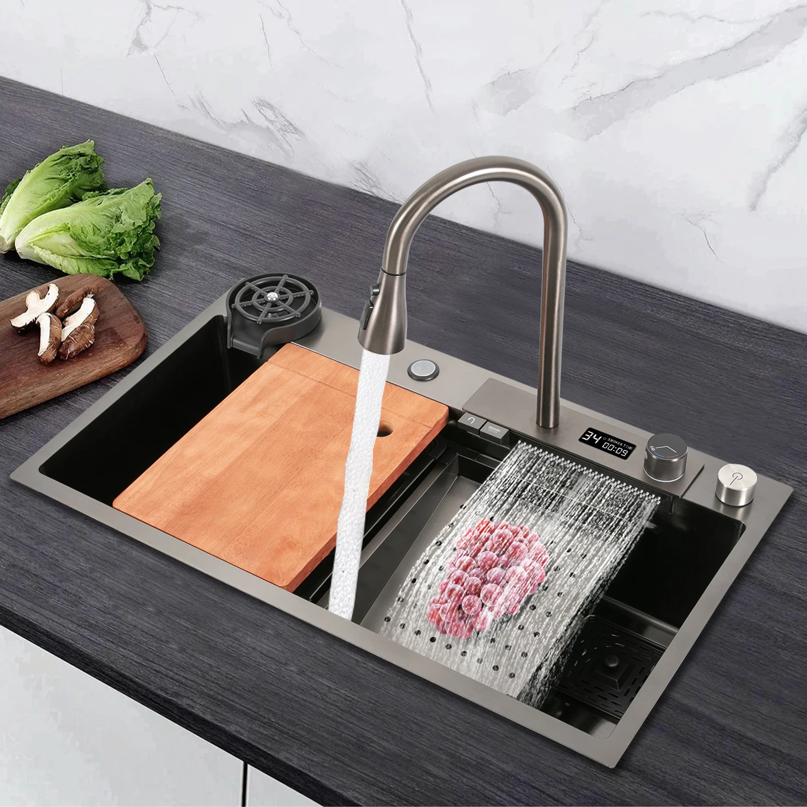 

Stainless Steel Sink, Nano-Electroplating Process, With a 360° Pull-Out Faucet 31.5*18.1*7.9 Inches, Anti-Condensation Coating